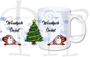 Kubek świąteczny- wzór z choinką i bałwanem