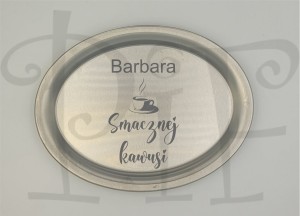 Taca metalowa z grawerem Smacznej kawusi + imię
